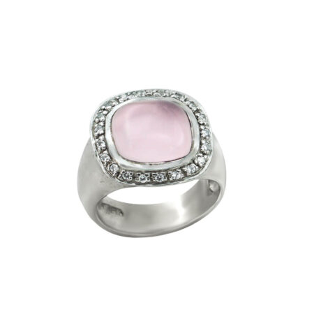 Ασημένιο 925 Δαχτυλίδι Με Ροζ Αχάτη Καμπουσόν Λευκές Ζιργκόν Πέτρες Γυναικείο