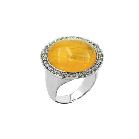 Ασημένιο 925 Δαχτυλίδι Με Κίτρινη Πέτρα Καμπουσόν Λευκές Ζιργκόν Πέτρες