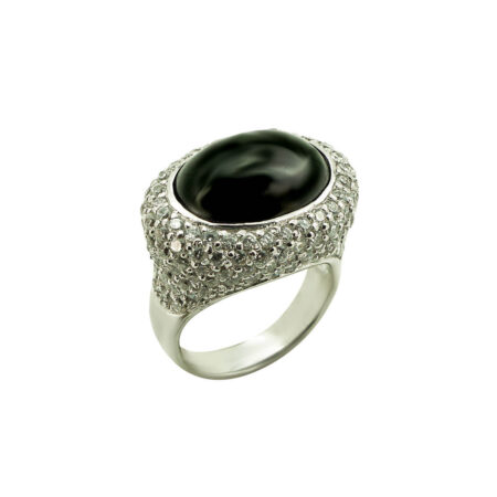 Ασημένιο 925 Δαχτυλίδι Με Μαύρη Πέτρα Καμπουσόν Λευκές Ζιργκόν
