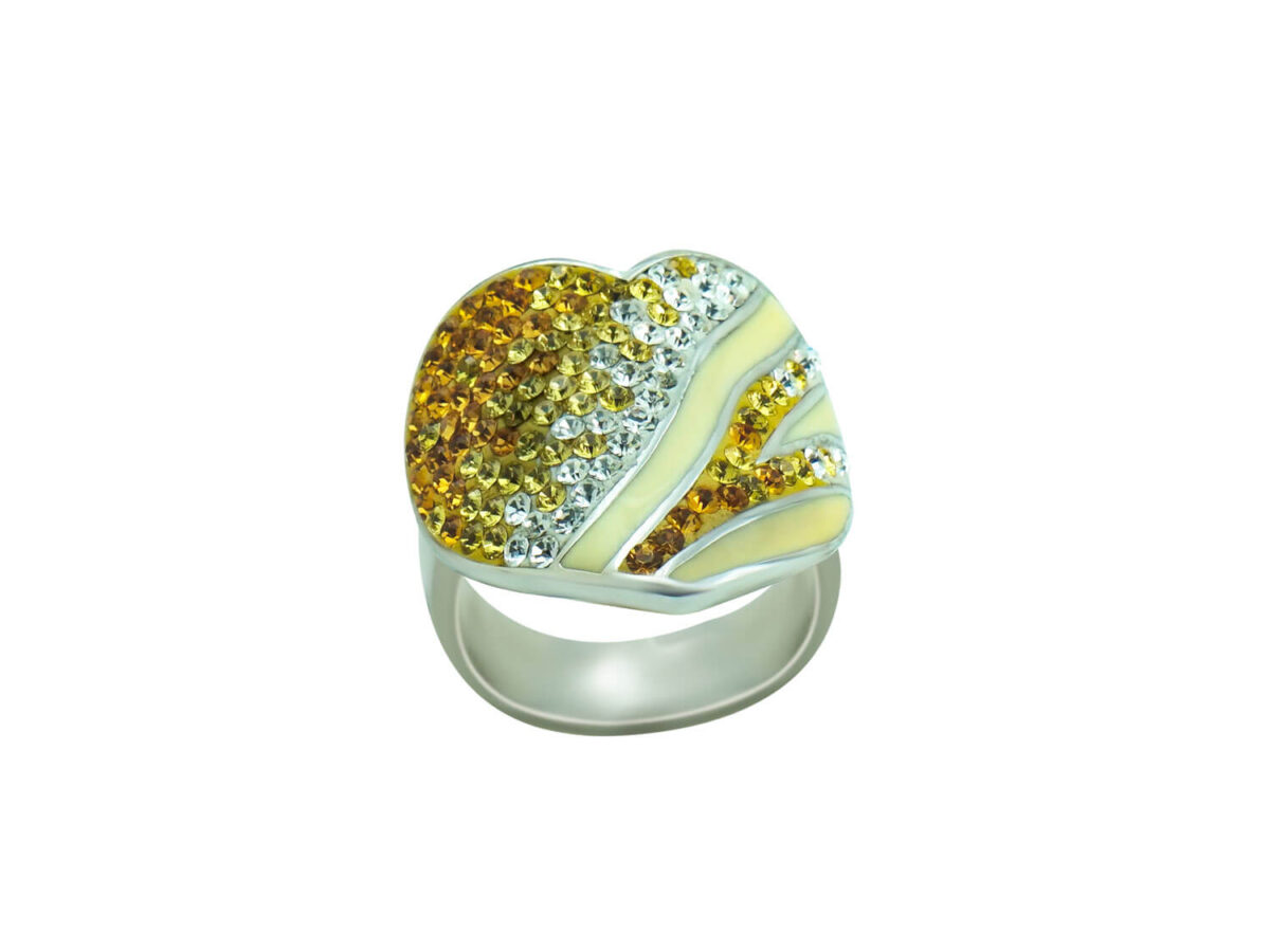 Ασημένιο Δαχτυλίδι Καρδιά 925 Σμάλτο Λευκές Κίτρινες Πορτοκαλί Πέτρες Ζιργκόν