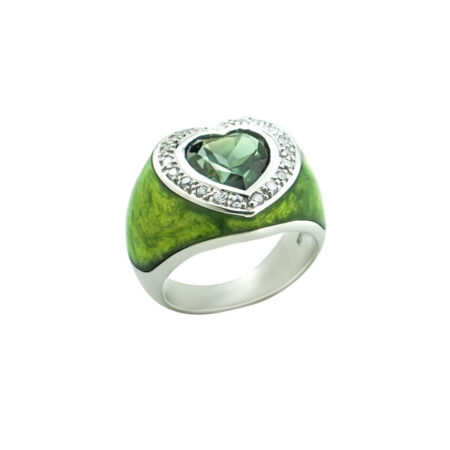 Δαχτυλίδι Καρδιά Με Πέτρα Πράσινη Λευκές Πέτρες Ζιργκόν Ασήμι 925