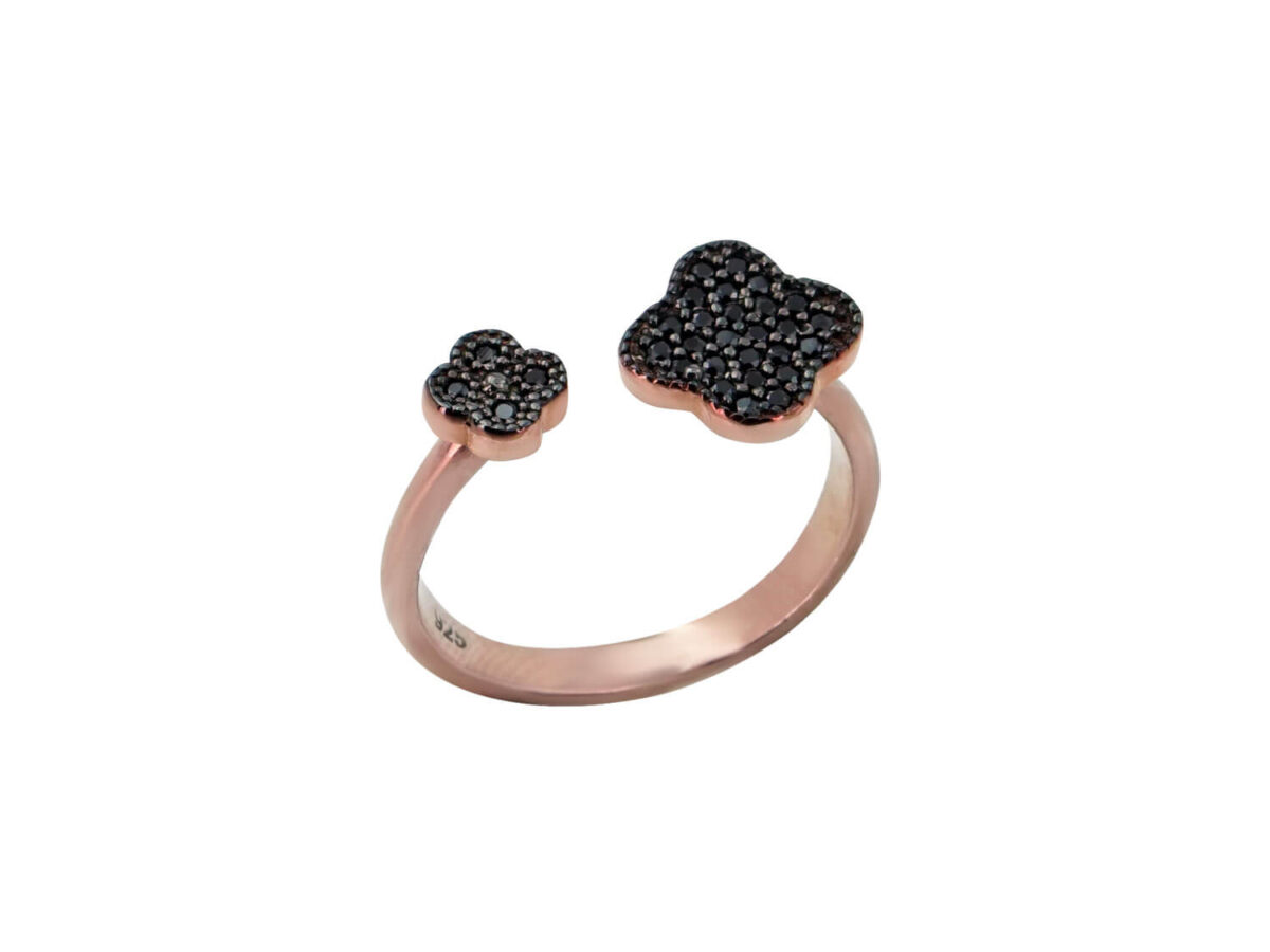 Δαχτυλίδι Λουλούδι Μαργαρίτα Μαύρες Πέτρες Ζιργκόν Ροζ Επιχρυσωμένο Ασήμι 925