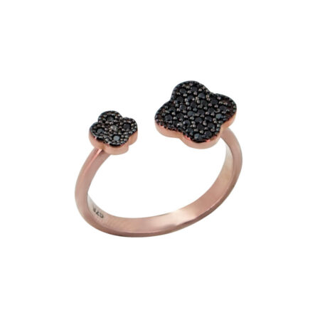 Δαχτυλίδι Λουλούδι Μαργαρίτα Μαύρες Πέτρες Ζιργκόν Ροζ Επιχρυσωμένο Ασήμι 925