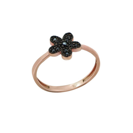 Γυναικείο Δαχτυλίδι Λουλούδι Ροζ Επίχρυσο 925 Ασήμι Μαύρες Πέτρες Ζιργκόν