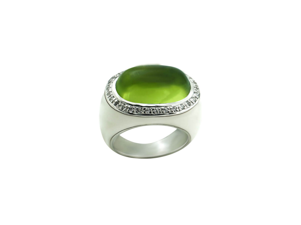 Δαχτυλίδι Με Πράσινη Πέτρα Καμπουσόν Λευκές Ζιργκόν Πέτρες Ασήμι 925