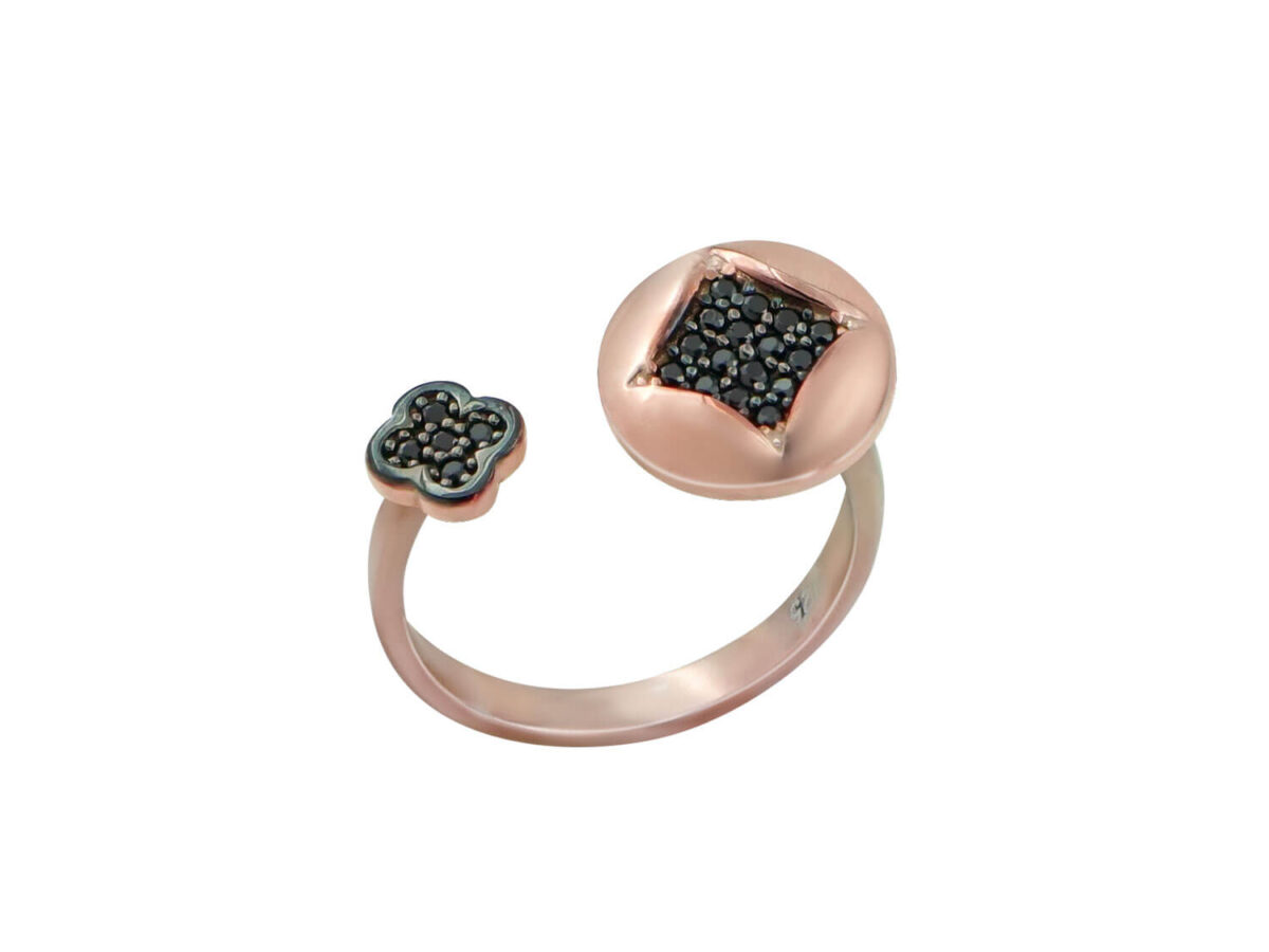 Δαχτυλίδι Με Ρόμβο Μαργαρίτα Μαύρες Πέτρες Ζιργκόν Ροζ Επιχρυσωμένο Ασήμι 925