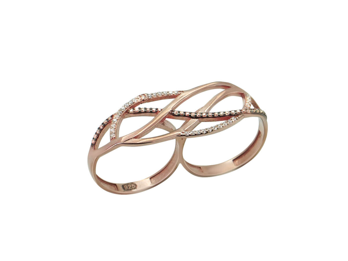 Διπλό Δαχτυλίδι Ζιργκόν Πέτρες Ροζ Επιχρυσωμένο Ασήμι 925
