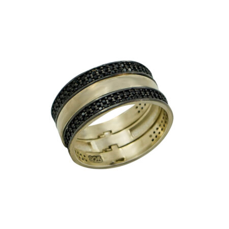 Επίχρυσο Τριπλό Δαχτυλίδι Με Μαύρες Ζιργκόν Πέτρες Ασήμι 925