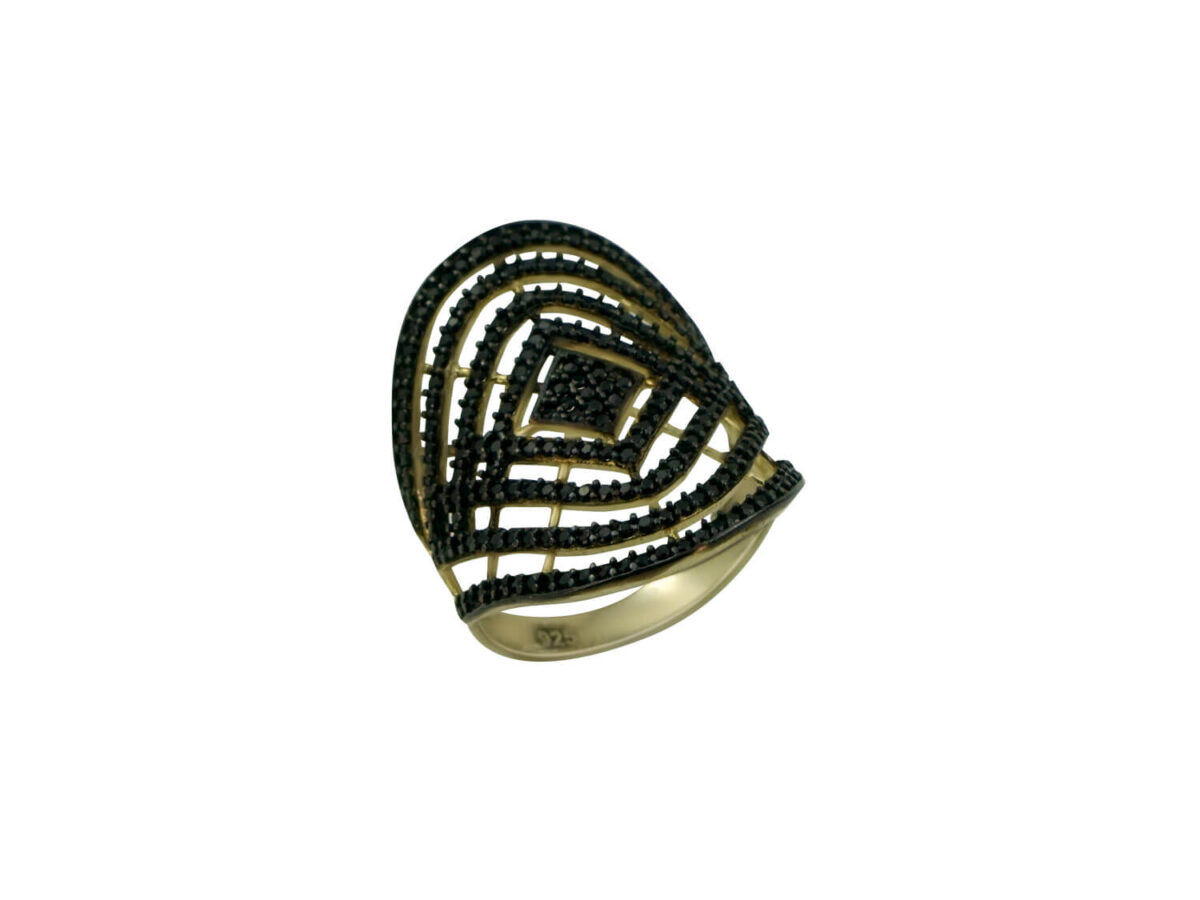 Επίχρυσο Δαχτυλίδι Ιστός Αράχνης Ασήμι 925 Μαύρες Πέτρες Ζιργκόν