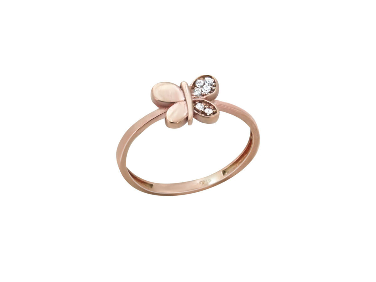 Γυναικείο Δαχτυλίδι Πεταλούδα Λευκές Πέτρες Ζιργκόν Ροζ Επιχρυσωμένο Ασήμι 925