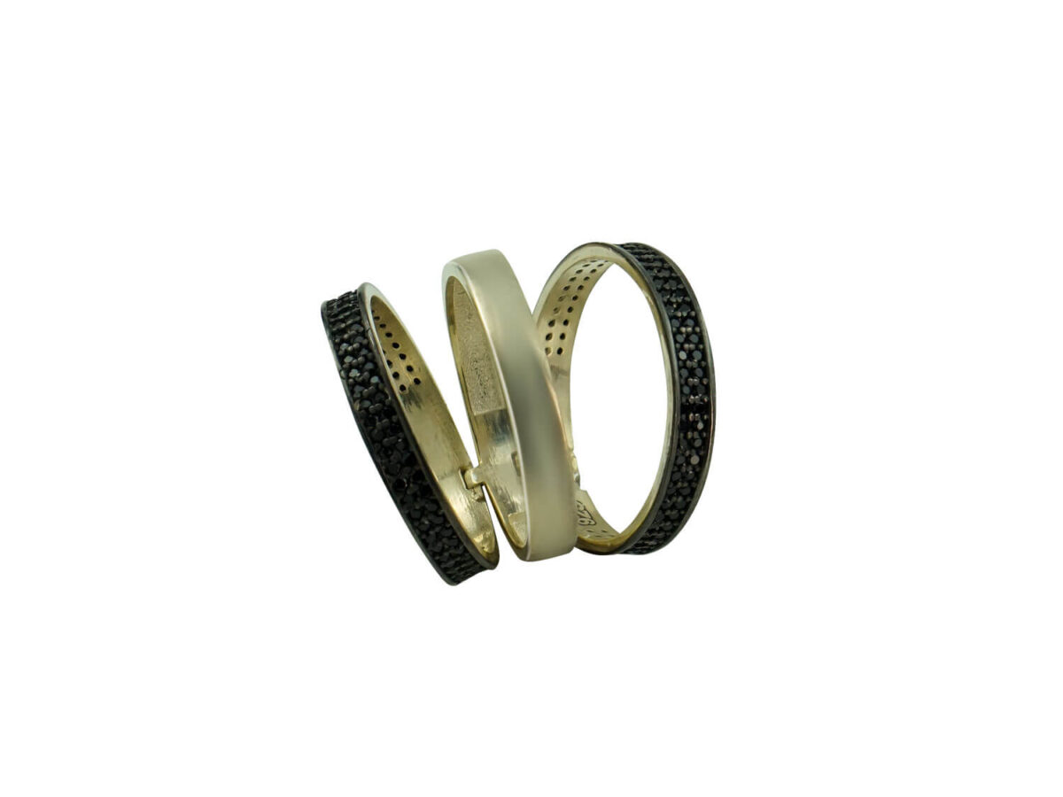 Γυναικείο Επίχρυσο Τριπλό Δαχτυλίδι Με Μαύρες Ζιργκόν Πέτρες Ασήμι 925