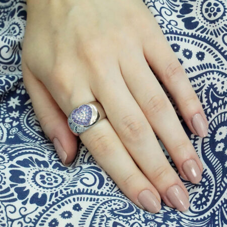 Ασημένιο Δαχτυλίδι Καρδιά 925 Γυναικείο Μωβ Λευκές Πέτρες Ζιργκόν