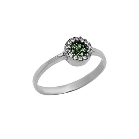 Λευκόχρυσο 14Κ Γυναικείο Δαχτυλίδι Ροζέτα Πράσινη Λευκές Πέτρες Επέτειος