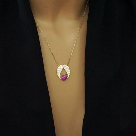 Μενταγιόν Καρδιά με Φτερά Αγγέλου Πέτρες Ζιργκόν Ροζ Επιχρυσωμένο Ασήμι 925