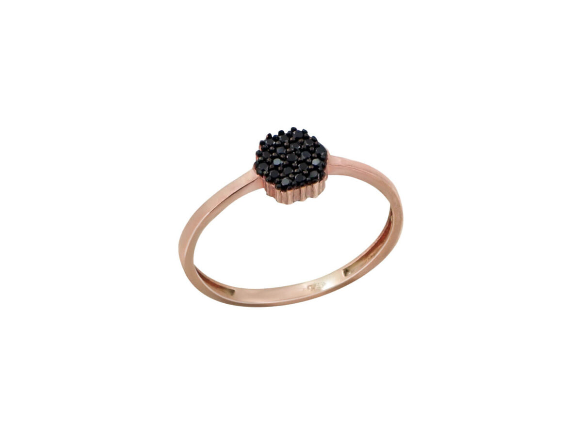 Ροζ Επίχρυσο Δαχτυλίδι Ροζέτα Μαύρες Ζιργκόν Πέτρες Ασήμι 925