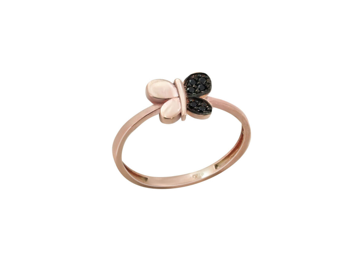 Ροζ Επίχρυσο Δαχτυλίδι Πεταλούδα Μαύρες Πέτρες Ζιργκόν Ασήμι 925