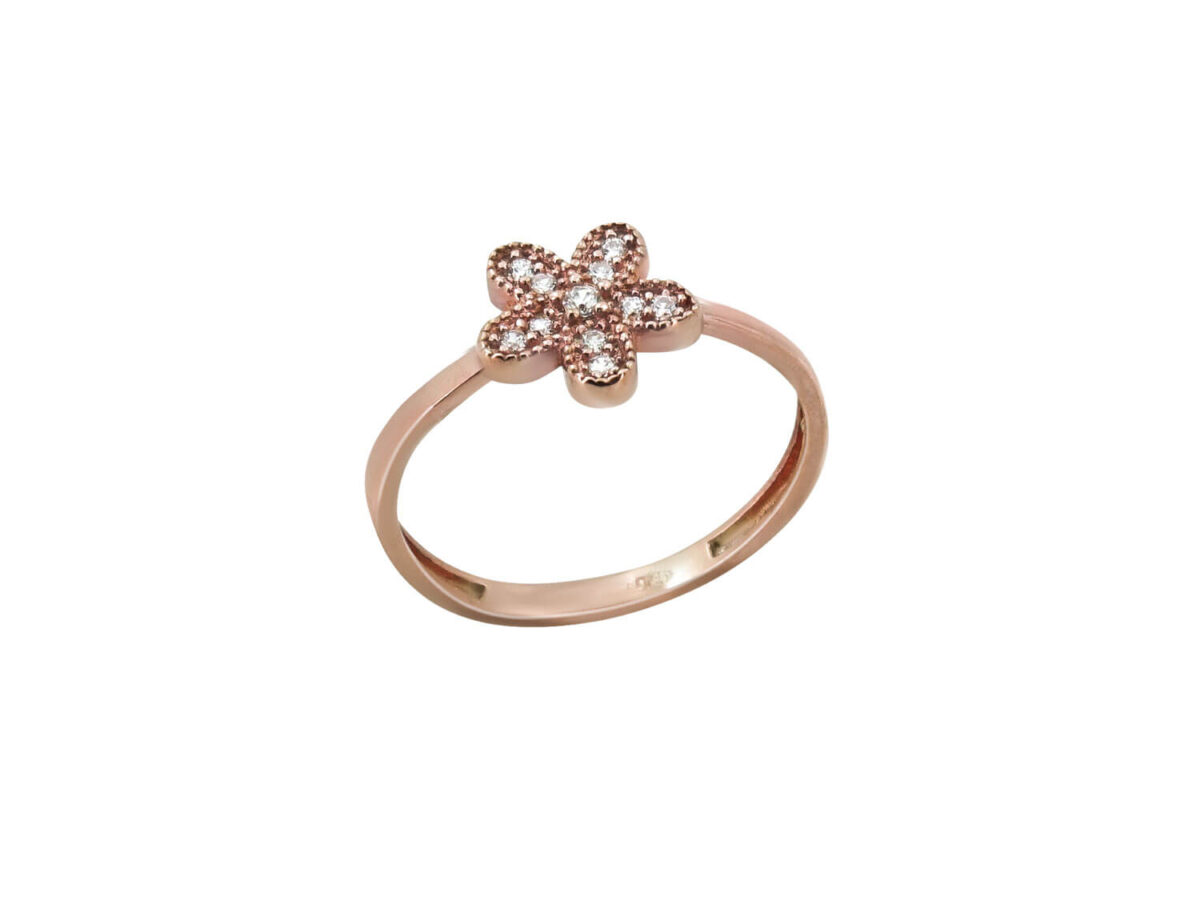 Ροζ Επίχρυσο Δαχτυλίδι Λουλούδι Με Ζιργκόν Λευκές Πέτρες Ασημένιο 925