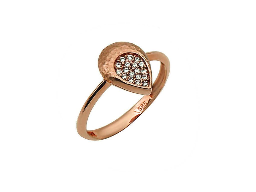 Ροζ Χρυσό Δαχτυλίδι 14 Καρατίων Δάκρυ Ζιργκόν Drop Λευκές Πέτρες Δώρο