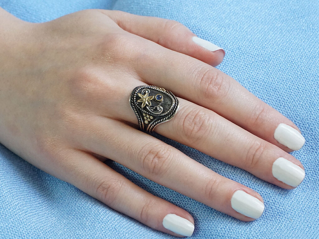 Δαχτυλίδι Ασημόχρυσο Ζαφείρι Χειροποίητο Δώρο Γυναικείο Κόσμημα