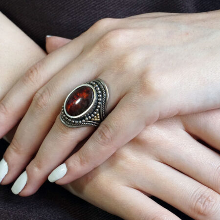 Δαχτυλίδι Κεχριμπάρι Χειροποίητο Ασημόχρυσο Γυναικείο Κόσμημα
