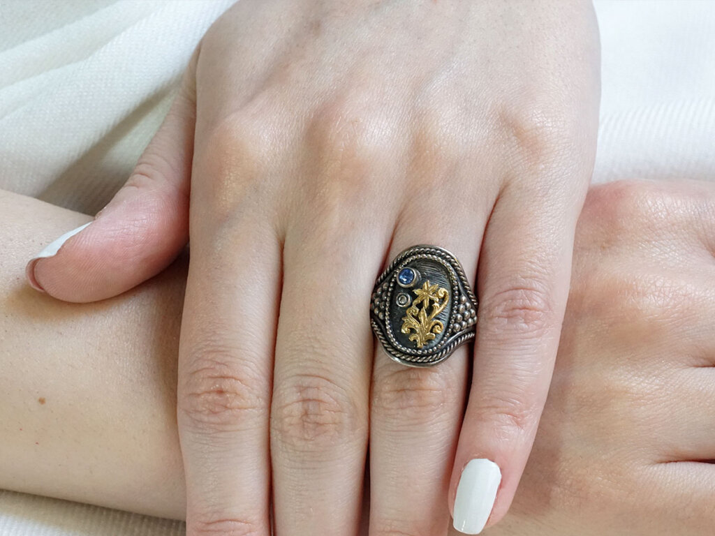 Γυναικείο Δαχτυλίδι Χειροποίητο Ζαφείρι Μπριγιάν Ασημόχρυσο Κόσμημα
