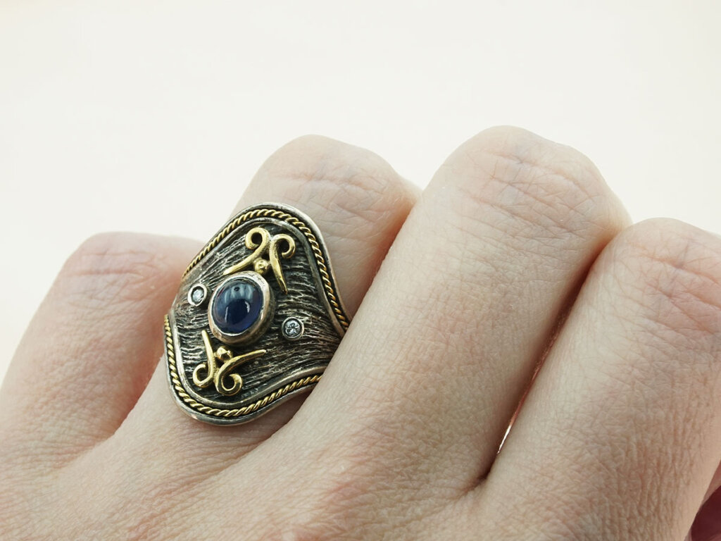 Χειροποίητο Δαχτυλίδι με Πολύτιμες Πέτρες Ασημόχρυσο 950 18Κ