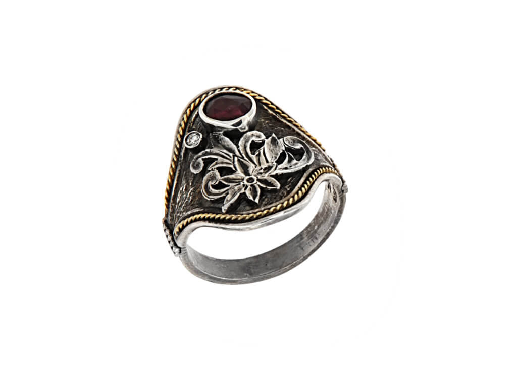 Χειροποίητο Γυναικείο Ασημόχρυσο Δαχτυλίδι με Πολύτιμες Πέτρες 950-18Κ Ρουμπίνι Μπριγιάν