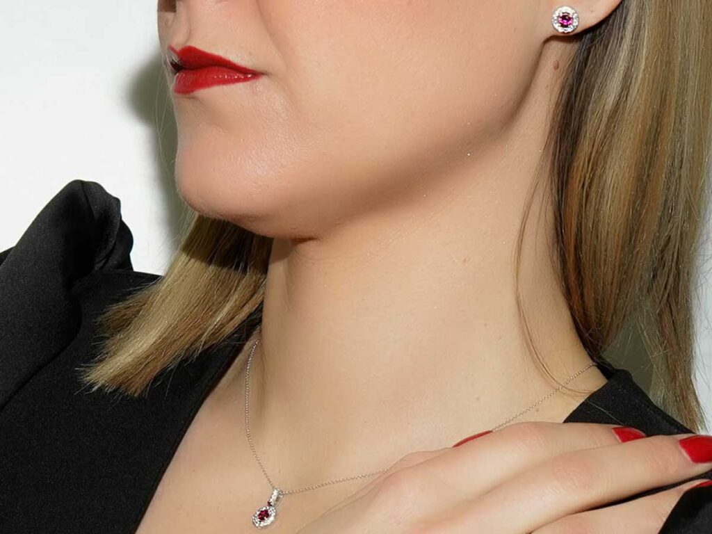 9 Καράτια Γυναικείο Λευκόχρυσο Σετ Κοσμημάτων Μενταγιόν Σκουλαρίκια Δαχτυλίδι Λευκές Κόκκινες Ζιργκόν Πέτρες