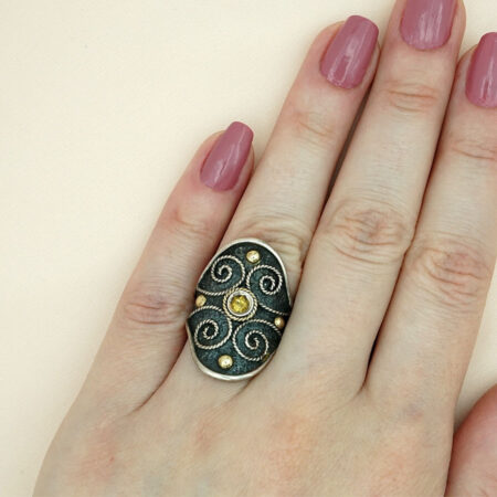 Ρυθμιζόμενο Χειροποίητο Δαχτυλίδι Ασημόχρυσο 950 18Κ Κίτρινη Πέτρα Γυναικείο