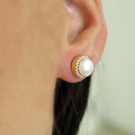 Καρφωτά Σκουλαρίκια Μαργαριτάρια με Ζιργκόν Πέτρες Λευκές Επίχρυσο Ασήμι 925 Γυναικεία