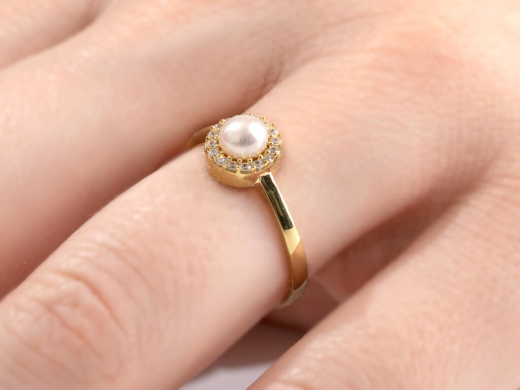 Κίτρινο Χρυσό Δαχτυλίδι Ροζέτα 9 Καράτια Λευκό Μαργαριτάρι Ζιργκόν Πέτρες