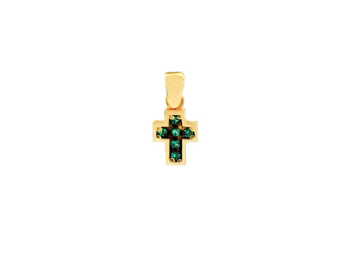 Μοντέρνος Γυναικείος Σταυρός Με Ζιργκόν Πράσινες Πέτρες 14Κ