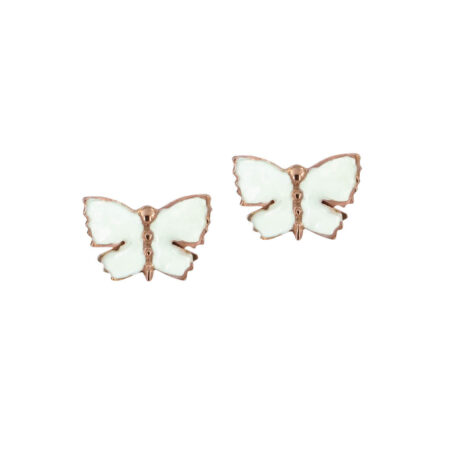 Ροζ Χρυσά Σκουλαρίκια Πεταλούδα Λευκό Σμάλτο 14Κ
