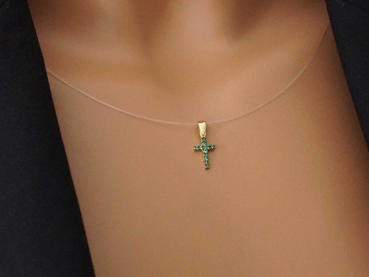 Μικρό Σταυρουδάκι Χρυσό 14Κ Με Πράσινες Ζιργκόν Πέτρες Γυναικείο Κόσμημα Δώρο