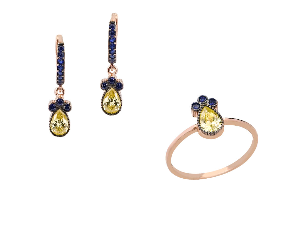 Σετ Κοσμήματα Ασημένια 925 Ζιργκόν Μπλε Κίτρινες Ροζ Επίχρυσο Δαχτυλίδι Σκουλαρίκια