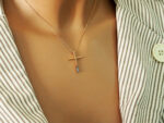 Σταυρός Σε Ροζ Χρυσό 9Κ Γαλάζιες Ζιργκόν Πέτρες Αλυσίδα Γυναικείος