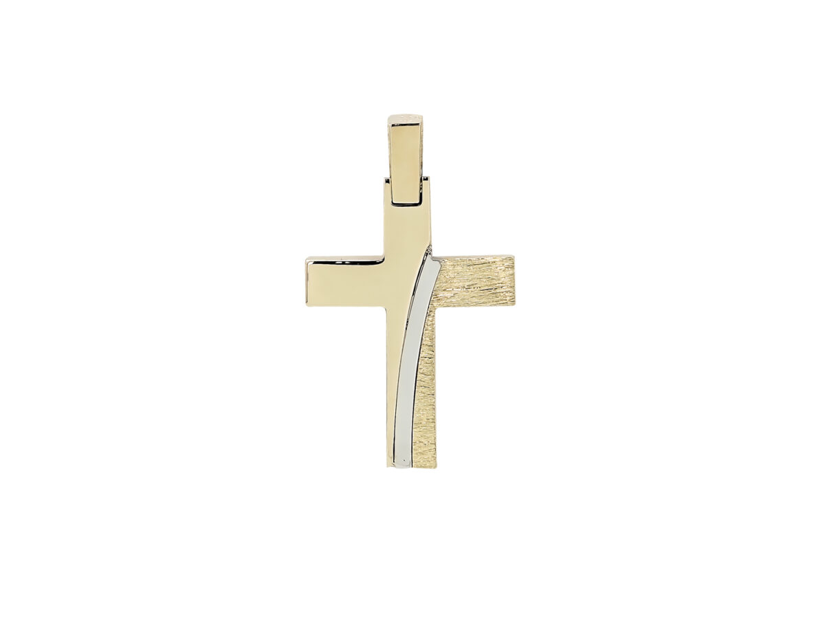 Δίχρωμος Χρυσός Σταυρός Βαπτιστικός 14Κ Με Λευκόχρυσα Στοιχεία