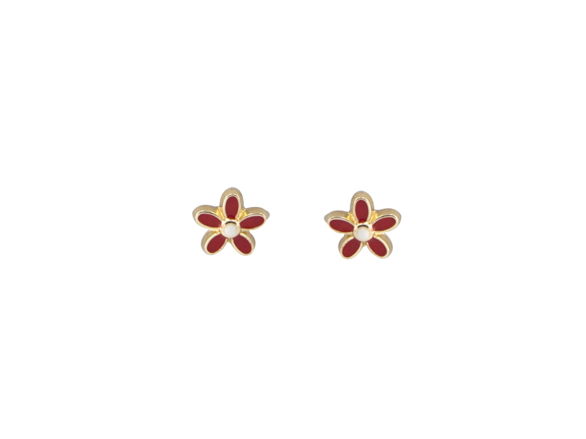Χρυσά Παιδικά Σκουλαρίκια Λουλούδια 14 Καράτια Με Κόκκινο Σμάλτο
