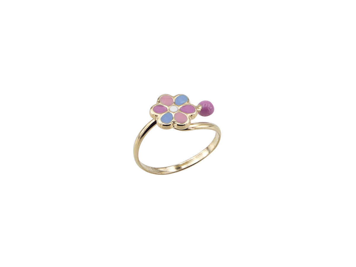 Χρυσό Παιδικό Δαχτυλίδι Λουλούδι 9Κ Με Ροζ Γαλάζιο Και Λευκό Σμάλτο