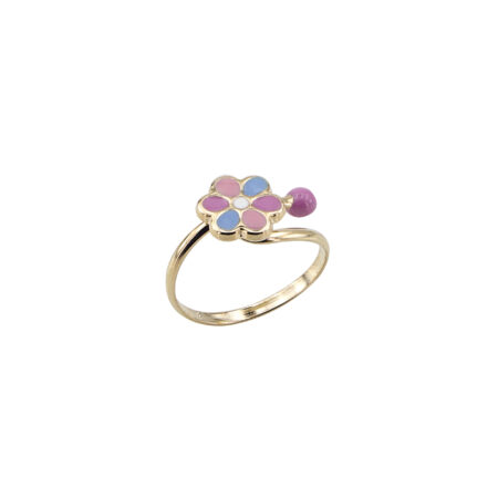 Χρυσό Παιδικό Δαχτυλίδι Λουλούδι 9Κ Με Ροζ Γαλάζιο Και Λευκό Σμάλτο
