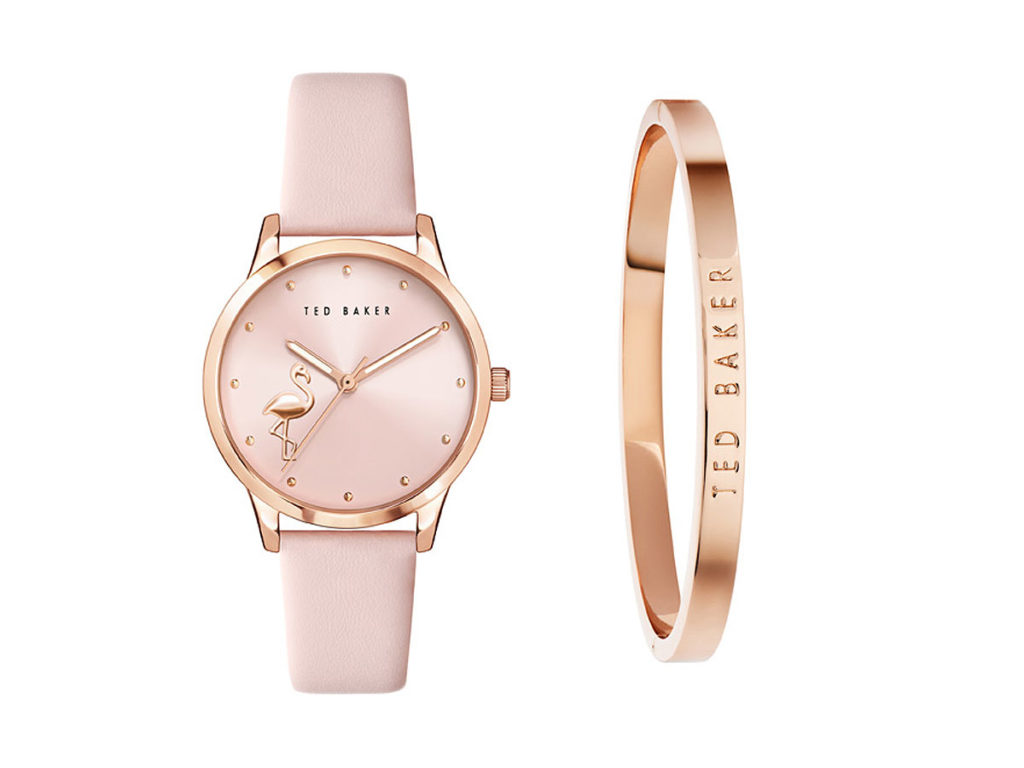 Ted Baker Flamingo Watch Box Set Γυναικείο Ρολόι Με Ροζ Δερμάτινο Λουράκι Και Ροζ Βραχιόλι Χειροπέδα TWGO25000