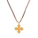 Σταυρός Από Ατσάλι Επίχρυσος Με Καφέ Κορδόνι