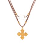 Σταυρός Από Ατσάλι Επίχρυσος Με Καφέ Κορδόνι