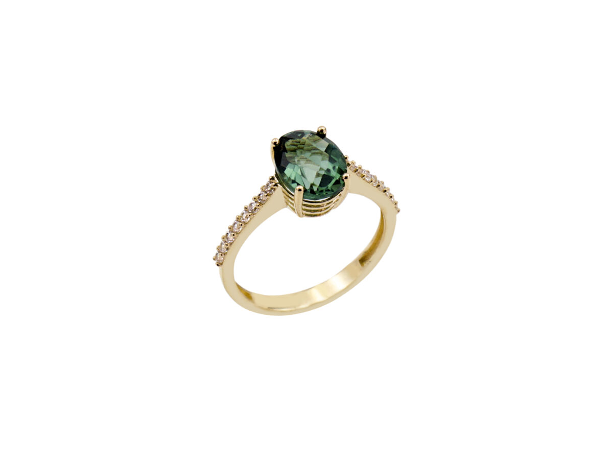 Δαχτυλίδι Με Πράσινη Πέτρα Και Λευκές Ζιργκόν Σε Χρυσό 14Κ