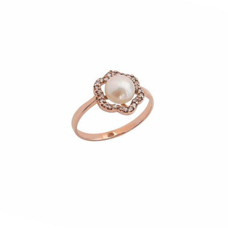 Δαχτυλίδι Ροζ Χρυσό 18Κ Με Μαργαριτάρι Και Διαμάντια