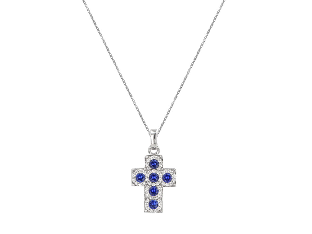 Σταυρός Με Αλυσίδα Γυναικείος Με Λευκές Και Μπλε Πέτρες Σε Ασήμι 925