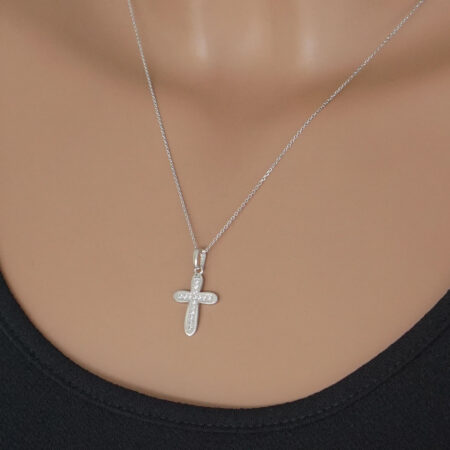 Λευκόχρυσος Γυναικείος Σταυρός 14 Καράτια Με Ζιργκόν Πέτρες