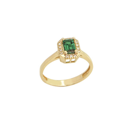 Χρυσό Δαχτυλίδι Με Πράσινη Πέτρα Και Λευκά Ζιργκόν Σε Ροζέτα 14Κ