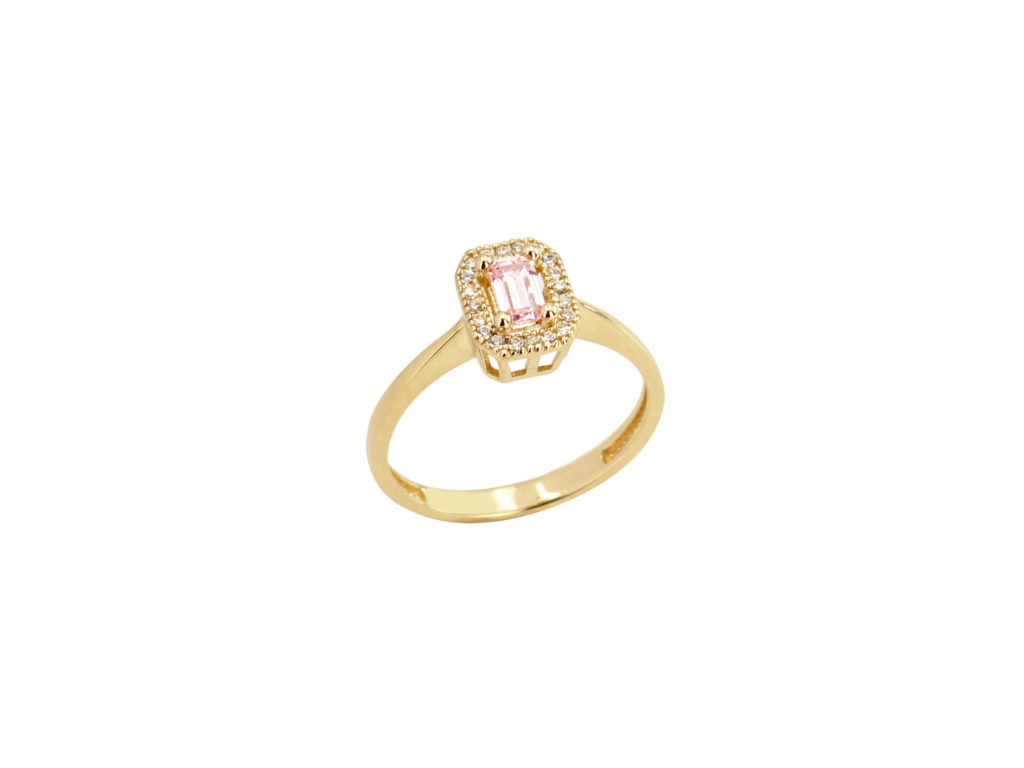 Χρυσό Δαχτυλίδι Με Ροζ Πέτρα Και Λευκά Ζιργκόν Σε Ροζέτα 14Κ