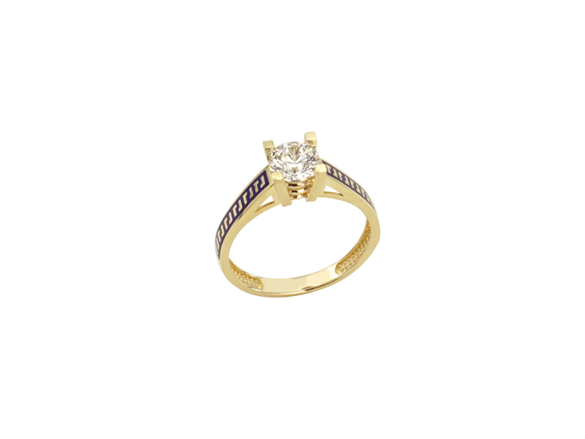 Δαχτυλίδι Μονόπετρο 14 Καρατίων Χρυσό Με Ζιργκόν Και Μπλε Σμάλτο